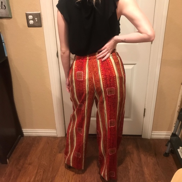 Vintage Boho Style Wide Leg Elastic Waist  Striped Printed Pants Size Medium - Picture 5 of 10